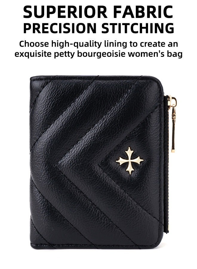 baellerry Women'S Quilted Card Holder - RFID Mini Wallet - Women'S Wallet - Short Wallet - 4 Card Slots + Zipper Main Pocket + 2 Side Zipper Pockets (For Cards, Cash And Coins) (Black) - Image 2